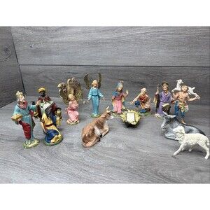 VTG PAPER MACHE NATIVITY ITALY 5" HOLY FAMILY KINGS ANGEL SHEPHERD ANIMALS 14pc